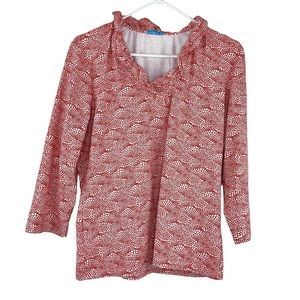 J. McLaughlin Catalina Red and White Printed Ruffle Neck Blouse XL FITS LIKE L
